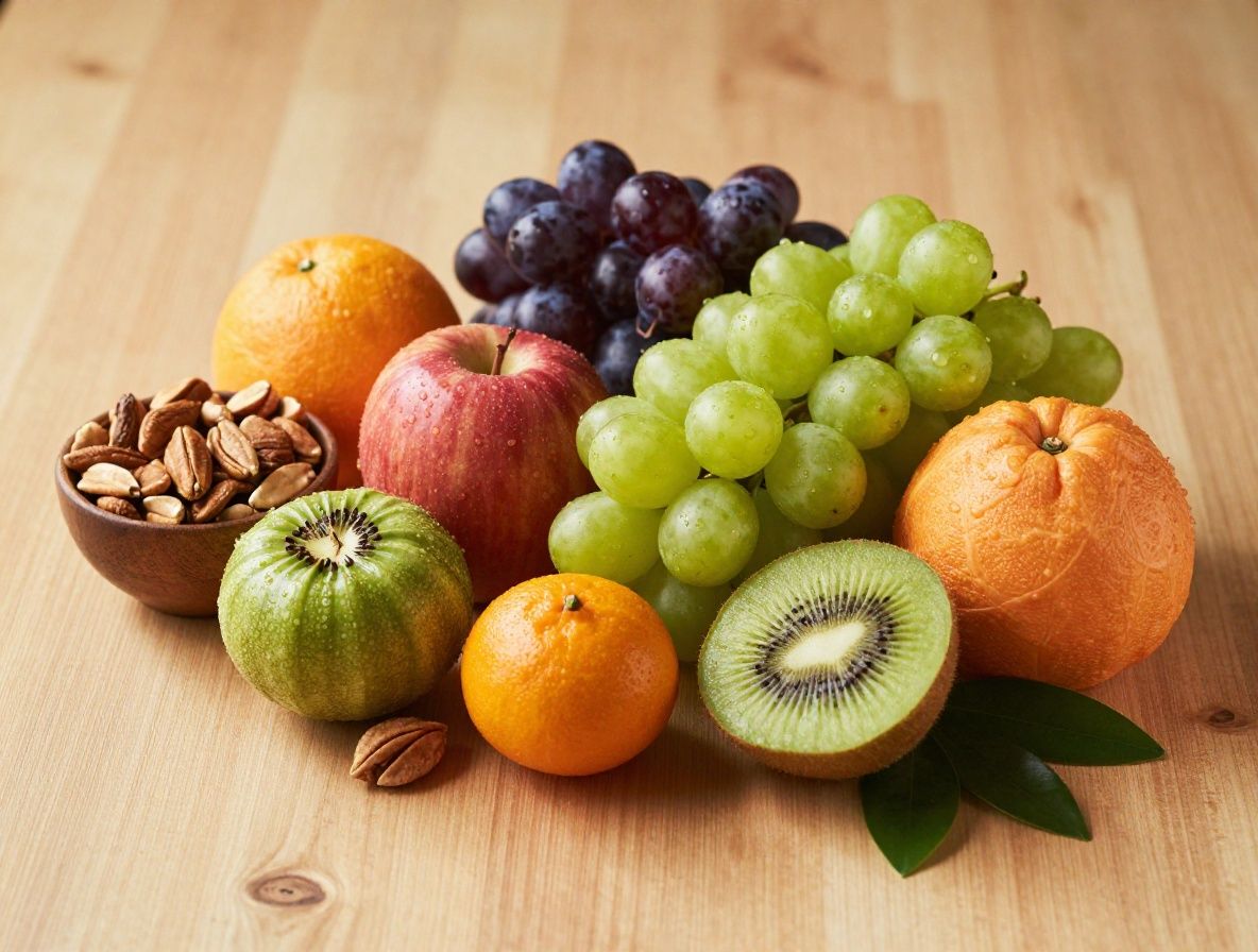 Selección abundante de frutas frescas, verduras coloridas, frutos secos y especias aromáticas sobre una superficie de madera natural con luz cálida lateral