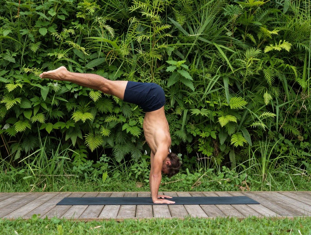 Hombre practicando yoga al aire libre en postura de equilibrio sobre una plataforma de madera rodeada de vegetación verde y luz natural difusa de la mañana