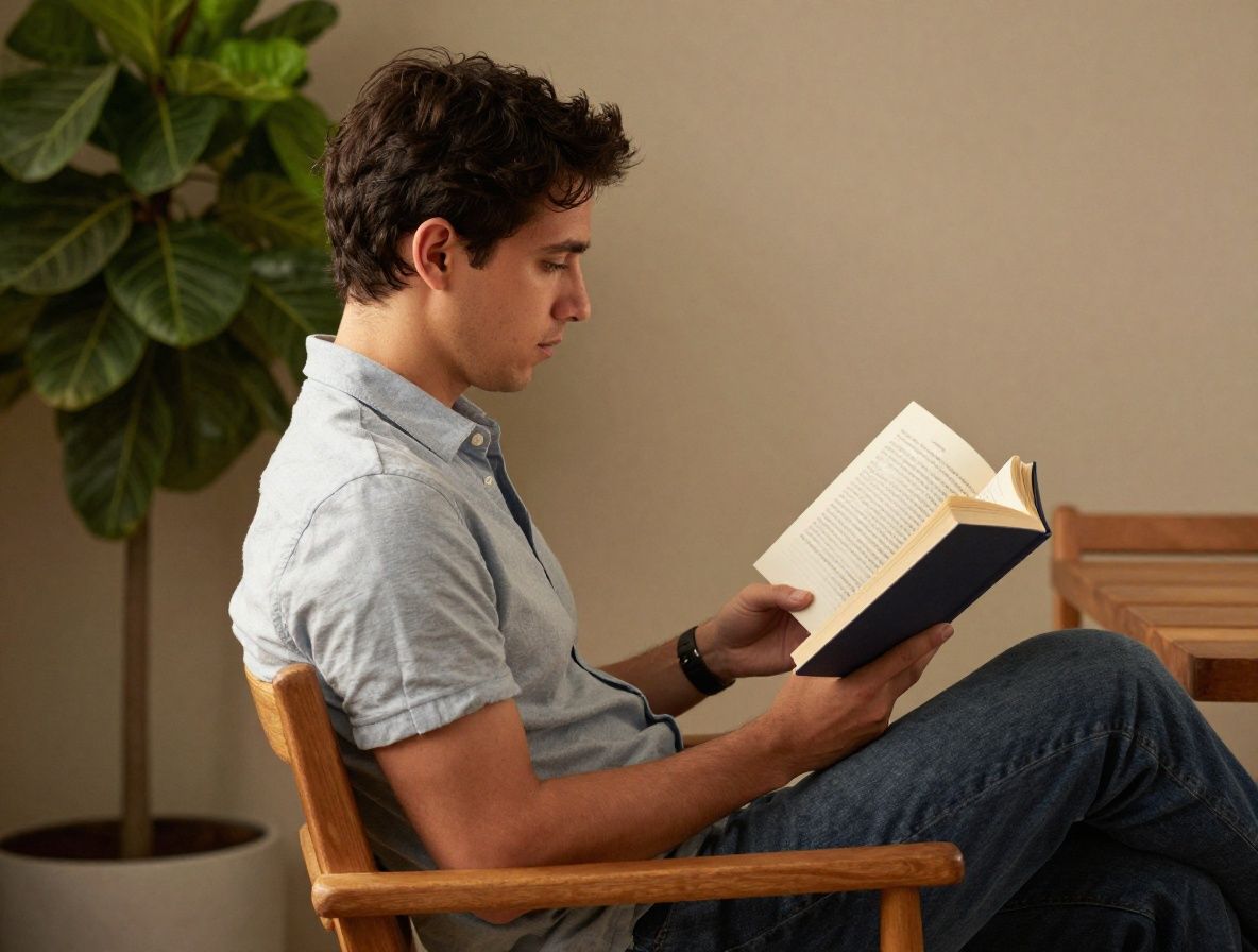 Hombre tranquilo leyendo un libro en un jardín luminoso con plantas verdes a su alrededor, sentado en una silla de madera bajo la luz natural de la tarde